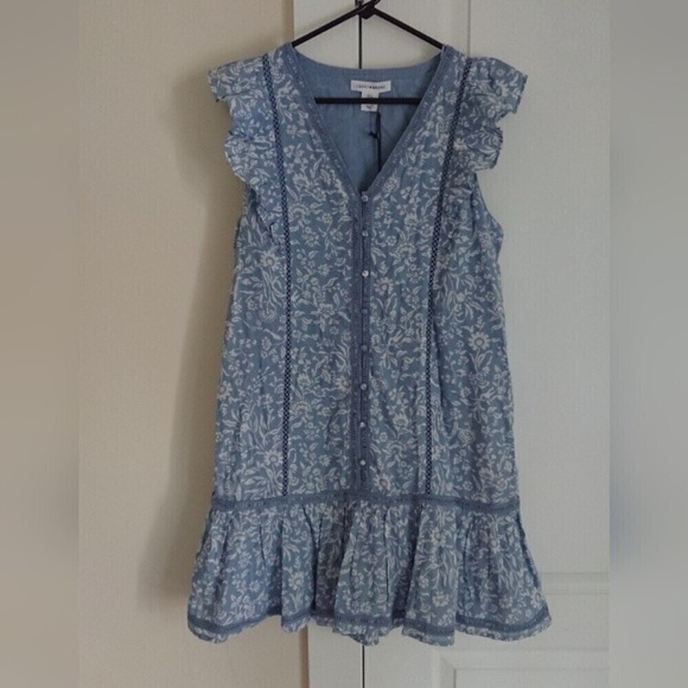 Lucky Brand Lace Trim Ruffle Shoulder Flounce Floral Mini Dress Size S